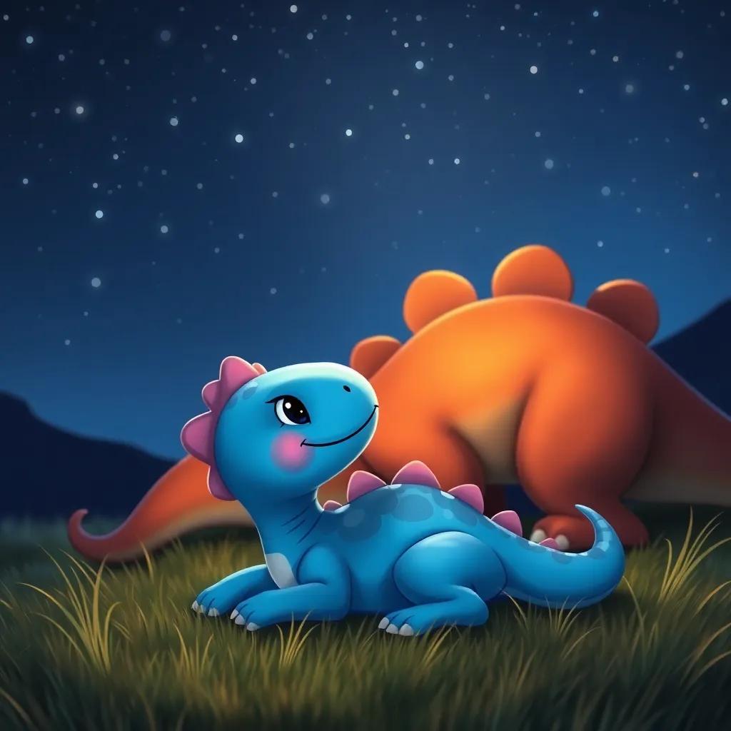 A small blue dinosaur, Dino, lying on the grass at night with his mother dinosaur, both looking at twinkling stars in a clear night sky, serene and calm, colorful, warm light, storytelling view, fantasy