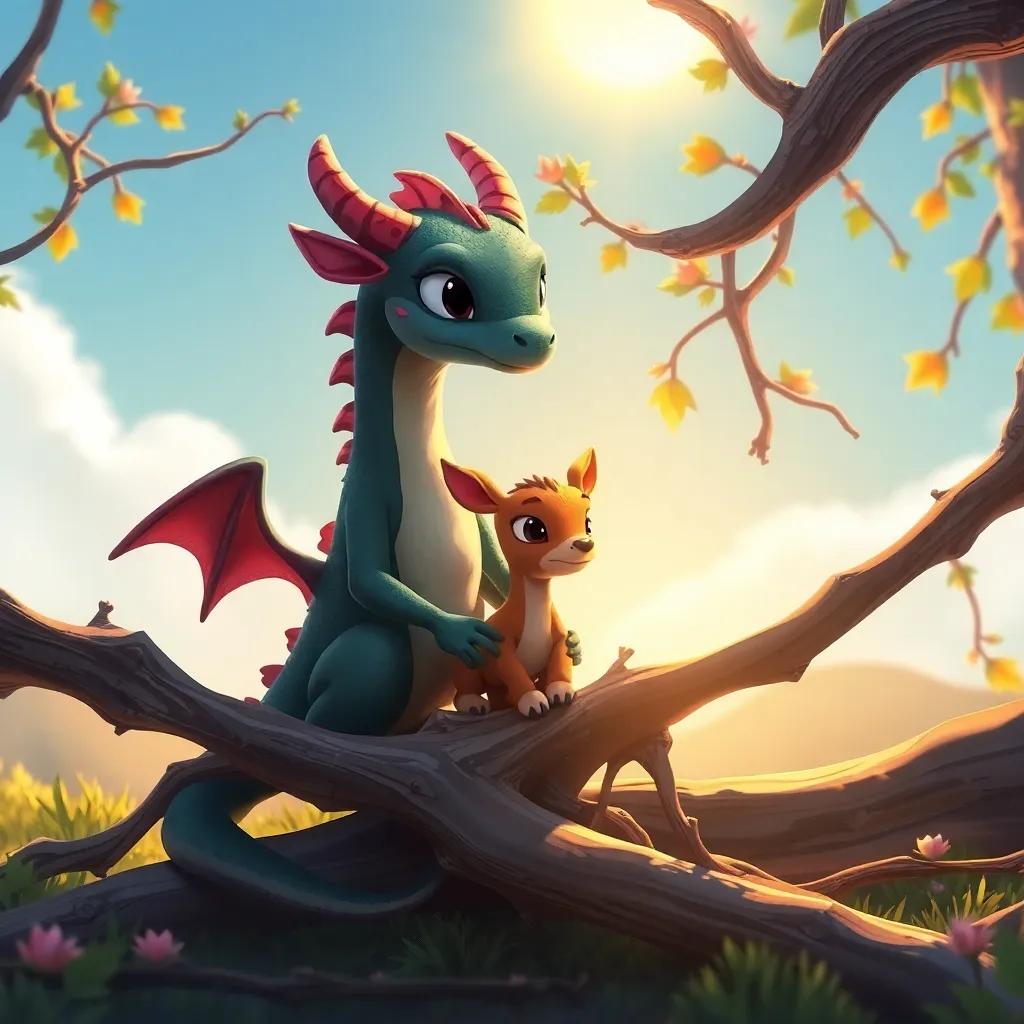 Drago, the small dragon, helping a little deer trapped between fallen branches, with the sun shining down, bright colors, warm light, heartwarming scene, whimsical style