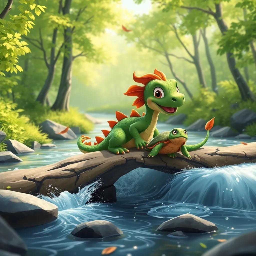 Drago, the small dragon, using his body as a bridge for a turtle to cross a strong stream, surrounded by bright green trees and water sparkling, playful atmosphere, child-friendly illustration, high quality
