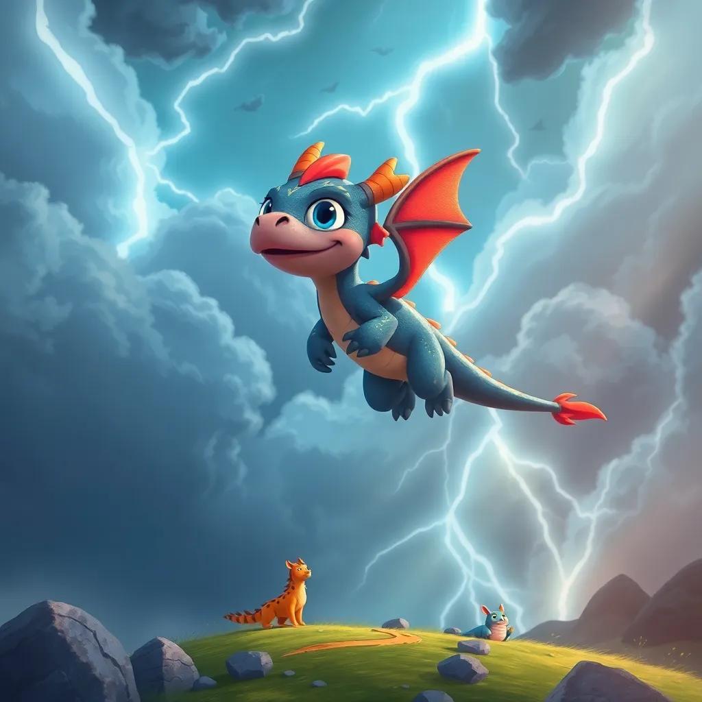 Drago, a small dragon, flying high in the sky during a strong storm, creating a safe shelter for animals below, dramatic clouds and lightning in the background, colorful illustration, conveying bravery and friendship