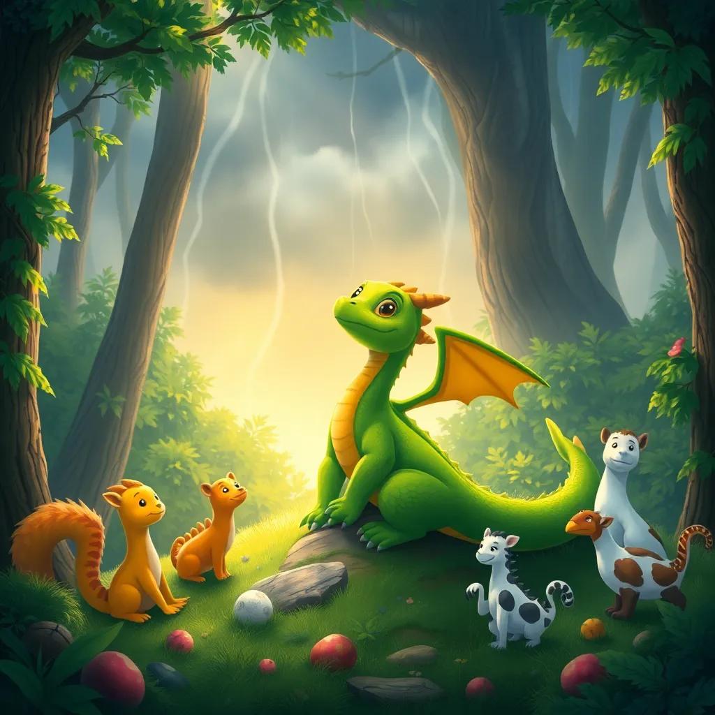 Drago, the small green dragon, happily watching over the peaceful forest after the storm, with animals playing around him, vibrant colors, joyful scene, heartwarming illustration, high detail