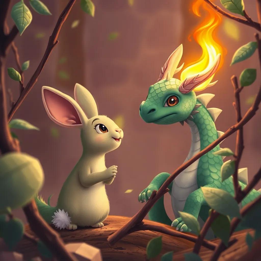 A small rabbit trapped among branches looks up gratefully at Drago, the dragon with emerald scales, as he frees it with gentle fire breath, illustration, warm colors, heartwarming scene, child-friendly