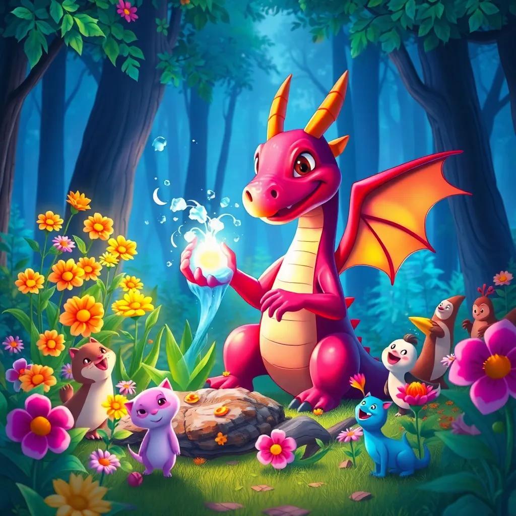 Drago using magic to water wilted plants in the forest, surrounded by blooming flowers and happy animals watching in awe, colorful illustration, vibrant colors, uplifting, enchanting atmosphere