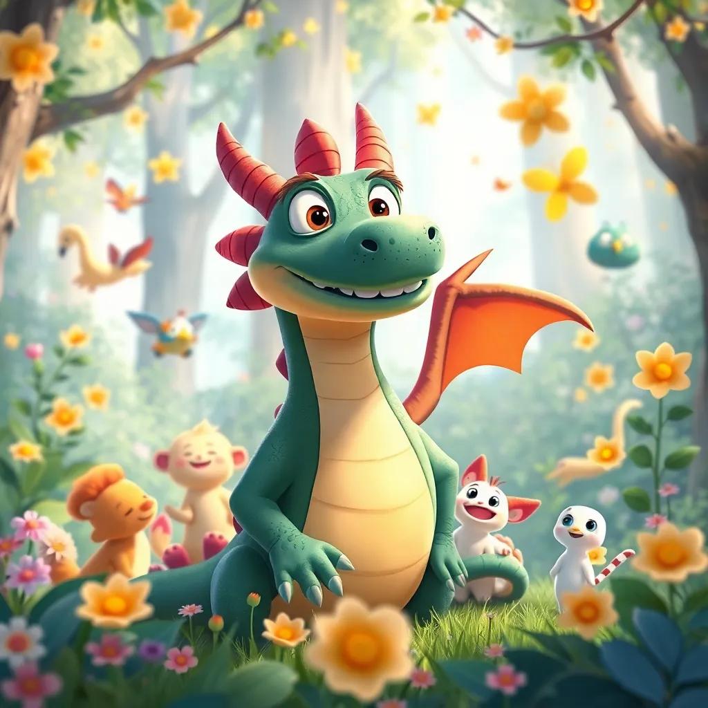 Drago, realizing his worth, is surrounded by joyful animals and blooming plants, in a lively forest filled with light and happiness, cheerful illustration, bright colors, warm and inviting feel