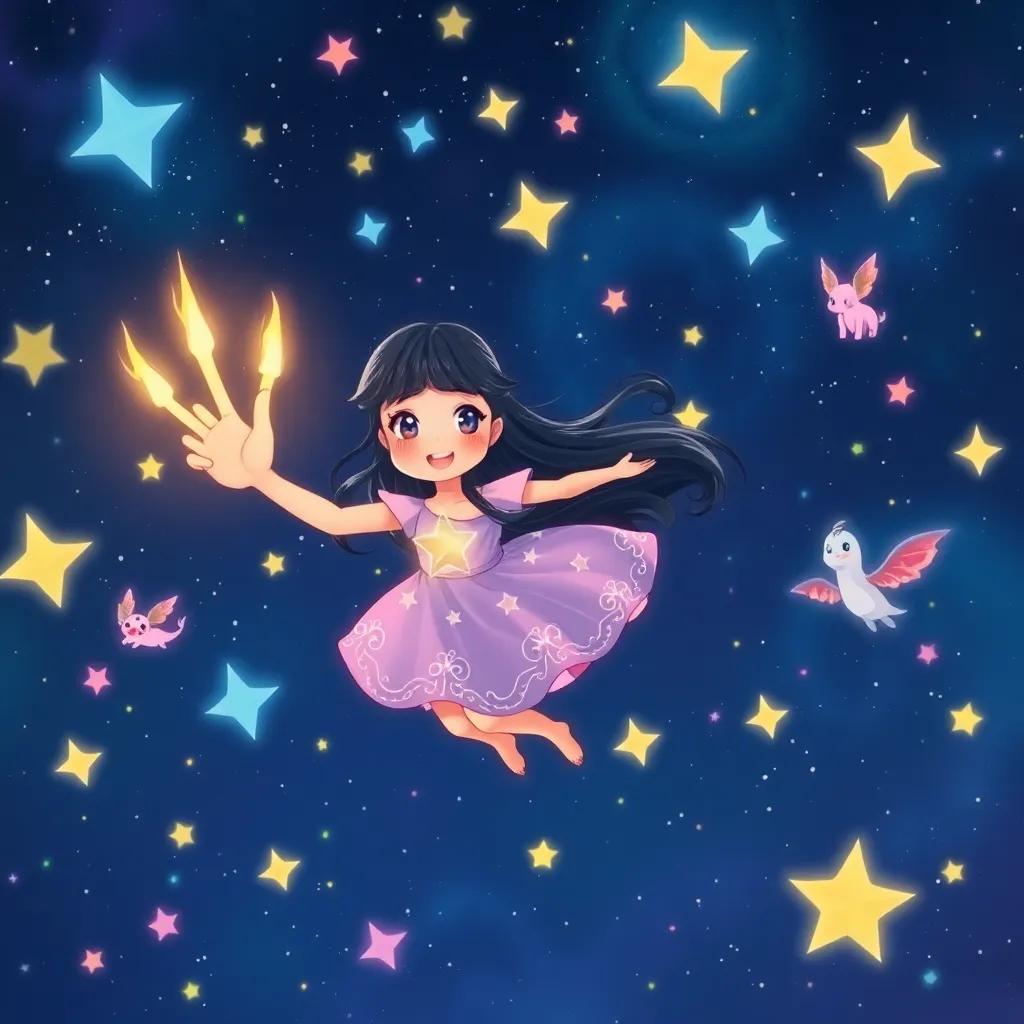 A girl named Luna, a young girl with long black hair wearing a starry dress, grasping Luno's claw while soaring through galaxies, colorful stars and magical creatures surrounding them, illustration, joyful and adventurous scene, child-friendly, high quality