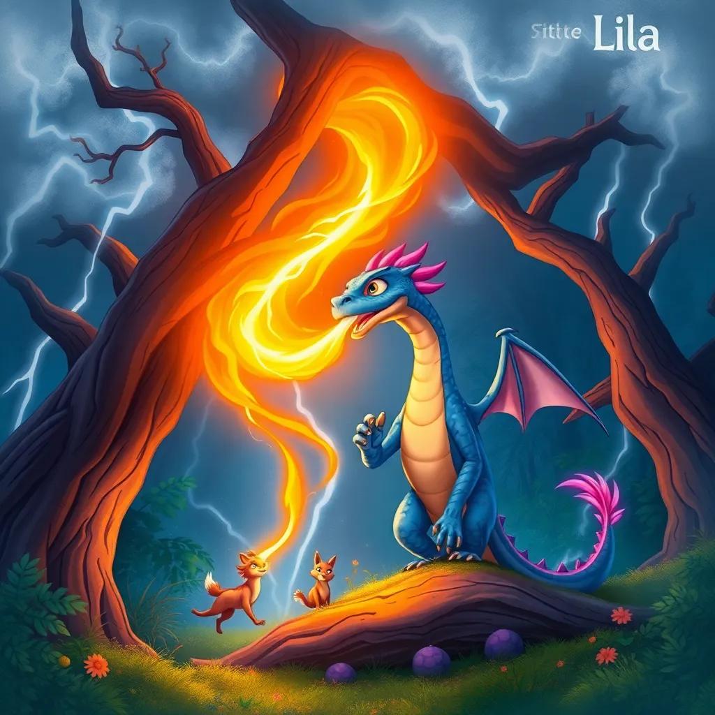 A fierce storm in the magical forest, where the branches are cracking, and Lila the dragon is using her fiery breath to warm the air and help small animals escape, illustration, dramatic, bright colors, action scene, captivating