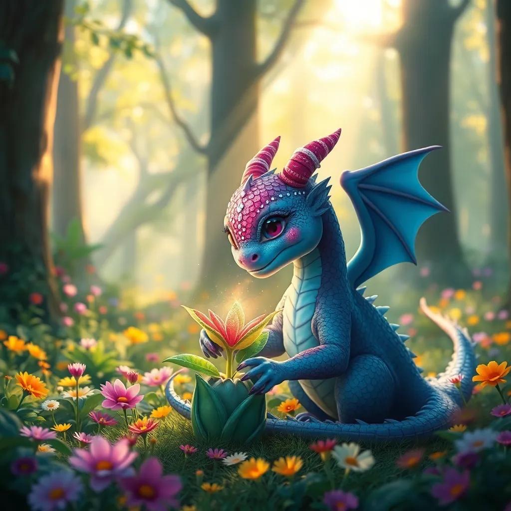Lila the dragon protecting a magical plant with her sparkling scales in a serene forest with colorful flowers, sunlight streaming through the trees, digital painting, peaceful, vibrant atmosphere, detailed focus