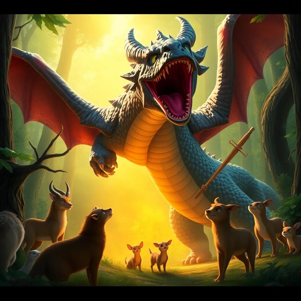 A brave Lila the dragon confronting a hunter in the enchanted forest, emitting a powerful roar, surrounded by animals watching in awe, dramatic lighting, strong colors, action-packed scene, child-friendly
