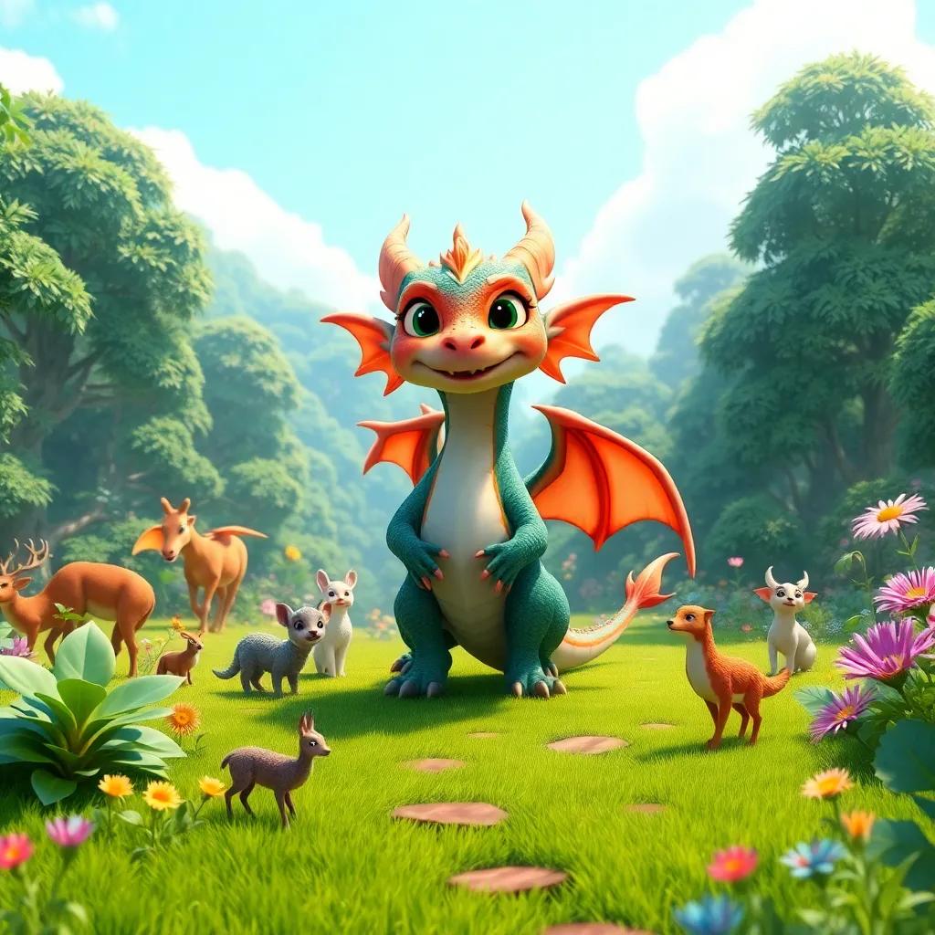 Lila the dragon standing proudly in a flourishing magical forest with animals and plants happily surrounding her, under a clear blue sky, symbolizing harmony and protection, vibrant colors, uplifting imagery, fantasy