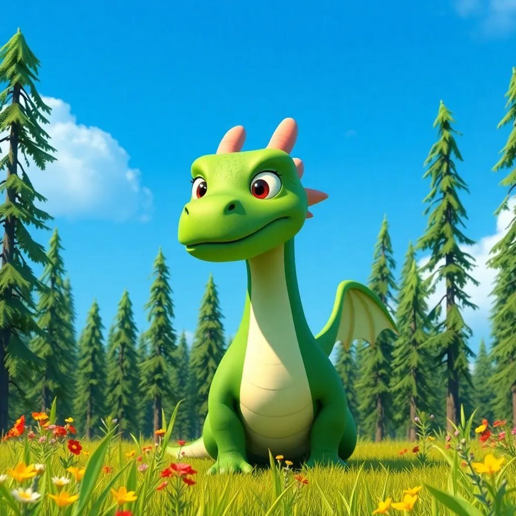A large green dragon named Drago looking sad in a bright blue sky, standing in a vibrant green forest with tall trees and colorful flowers, digital art, cheerful, warm colors, inviting atmosphere, high quality