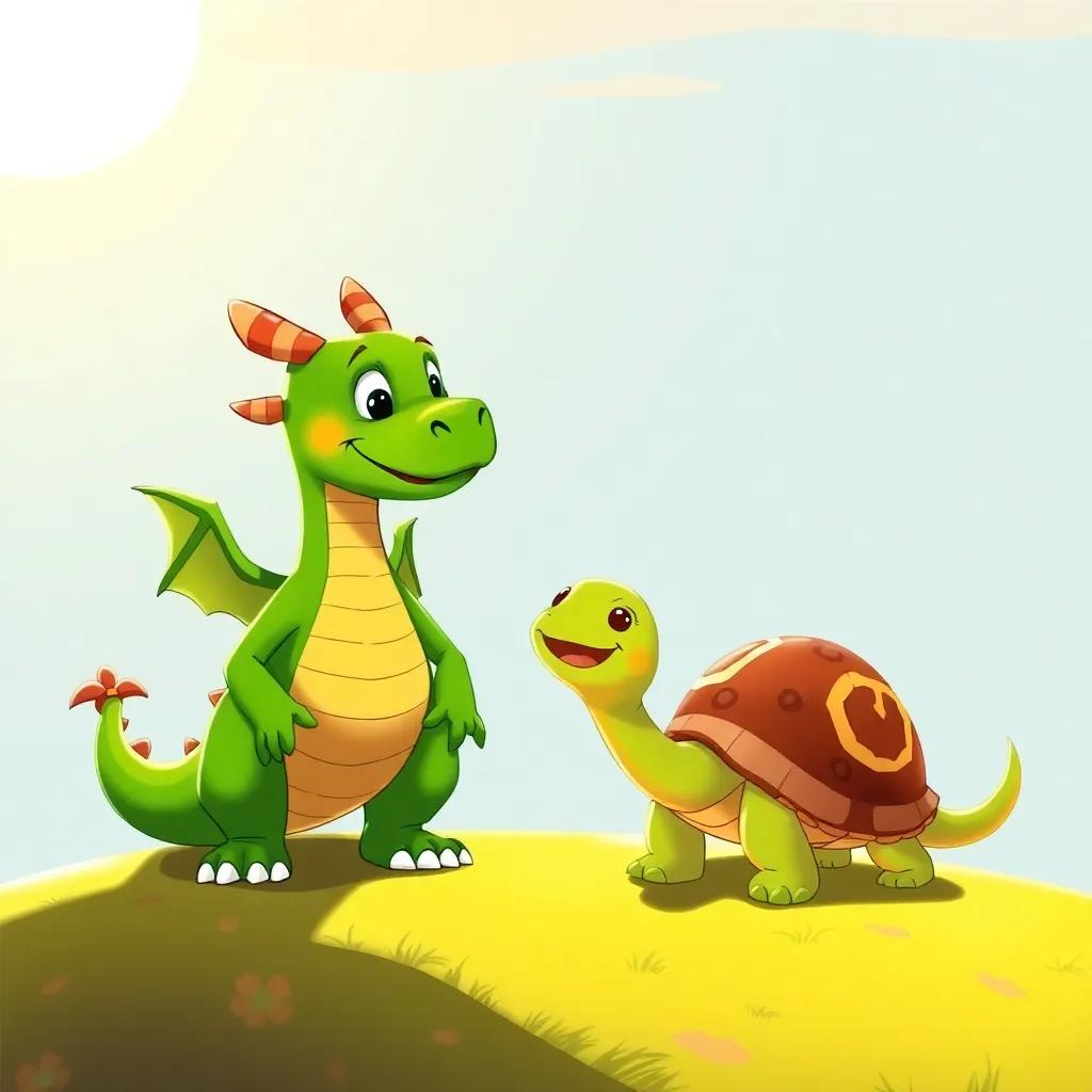 Drago, the green dragon, talking with a curious turtle named Tula, who has a brown shell, standing on a sunny hill, both looking happy and hopeful, illustration, child-friendly, vibrant colors, high quality