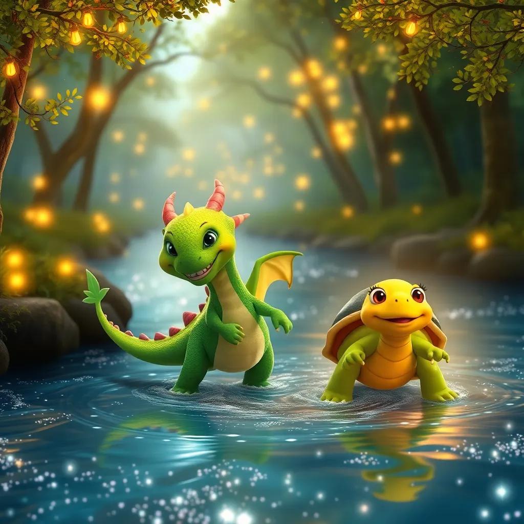Drago, the green dragon, walking with Tula the turtle through a sparkling river, surrounded by glowing lights and trees, both smiling and enjoying their adventure, digital art, bright colors, enchanting atmosphere, high quality