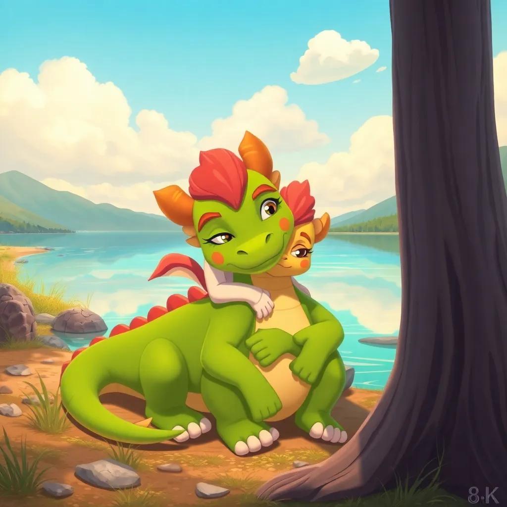 Drago, the green dragon, feeling tired near a crystal-clear lake with Tula hugging him, both looking determined, under a bright sky with soft, fluffy clouds, illustration, warm colors, heartwarming moment, high quality