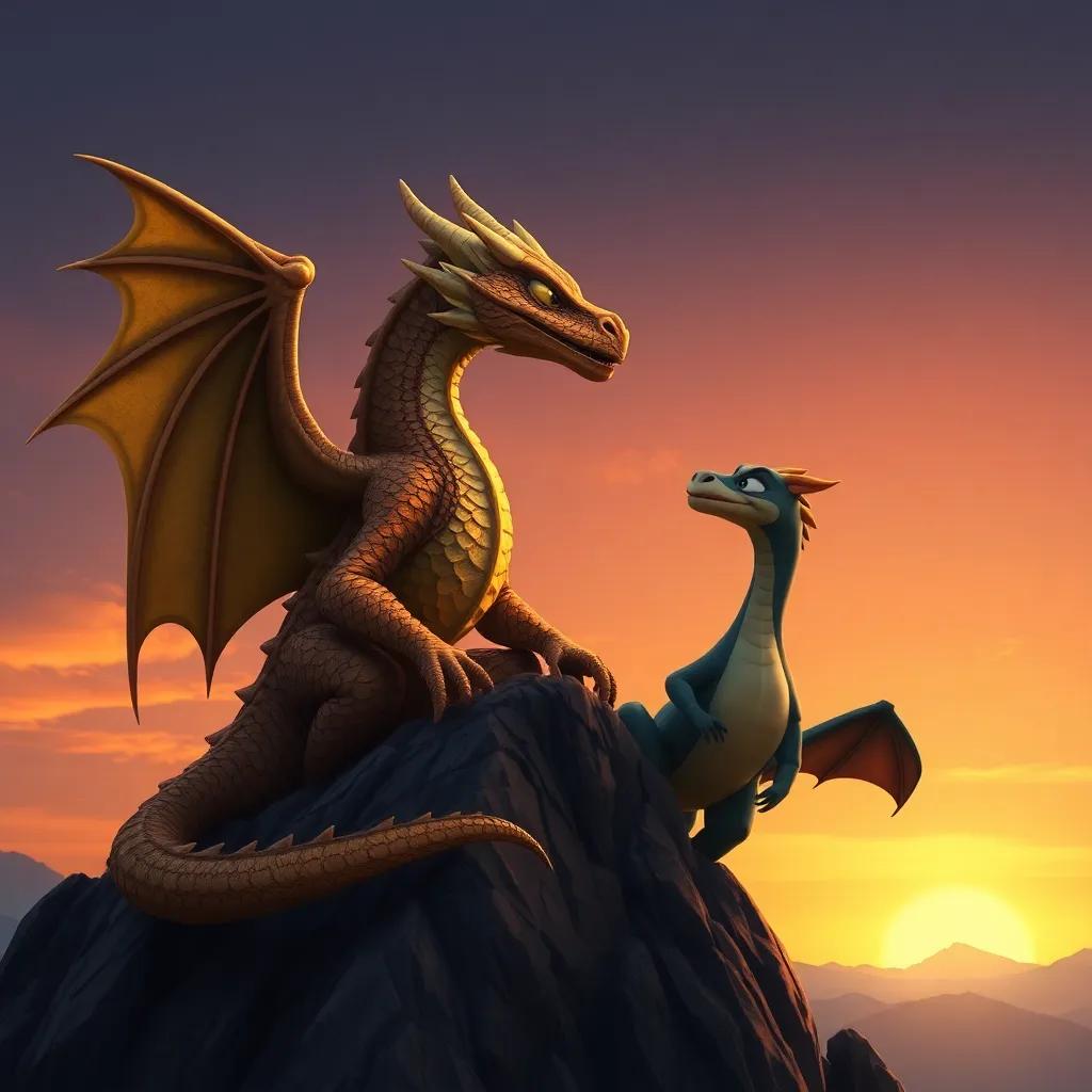 An ancient wise dragon with golden scales sitting atop a tall mountain, talking to Drago, who looks eager, with a beautiful sunset in the background, digital art, warm colors, mystical atmosphere, high quality