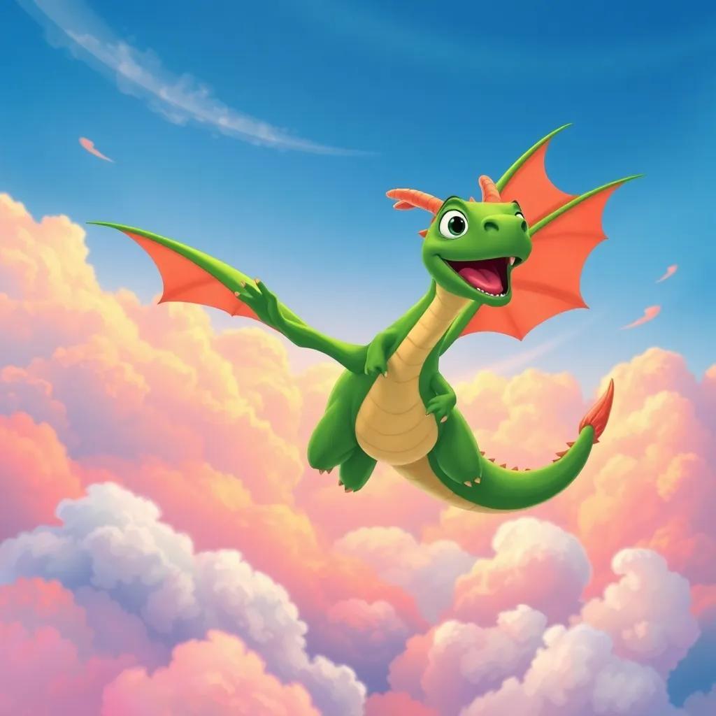 Drago the green dragon soaring high in the sky with Tula cheering below, colorful clouds surrounding him, a big smile on Drago's face, illustration, thrilling moment, colorful, uplifting, high quality