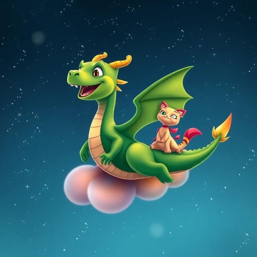 Drago, the green dragon, flying joyfully through a starry night sky, with Tula by his side on a colorful cloud, both looking happy and free, digital art, whimsical atmosphere, high quality