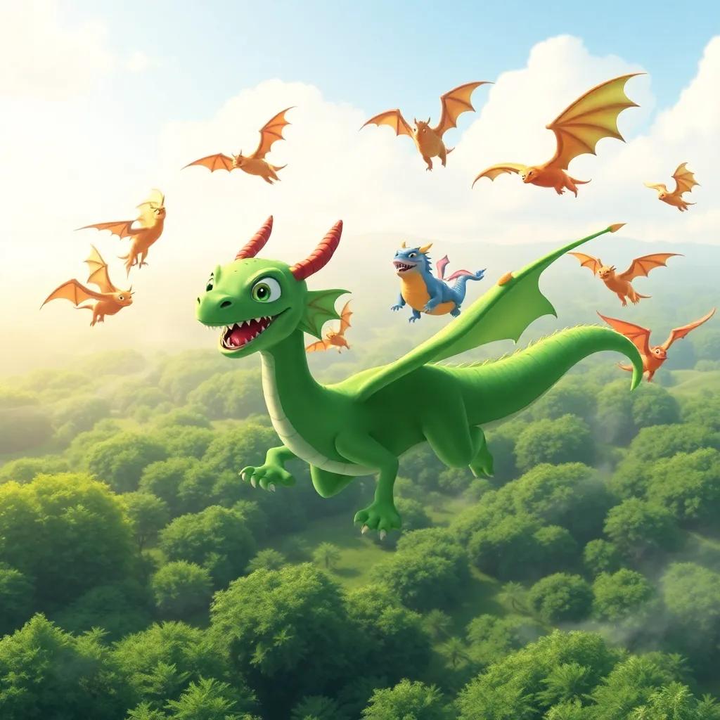 Drago, the green dragon, surrounded by other flying dragons, all playing together in the sky above a lush green landscape, illustration, bright colors, cheerful atmosphere, high quality