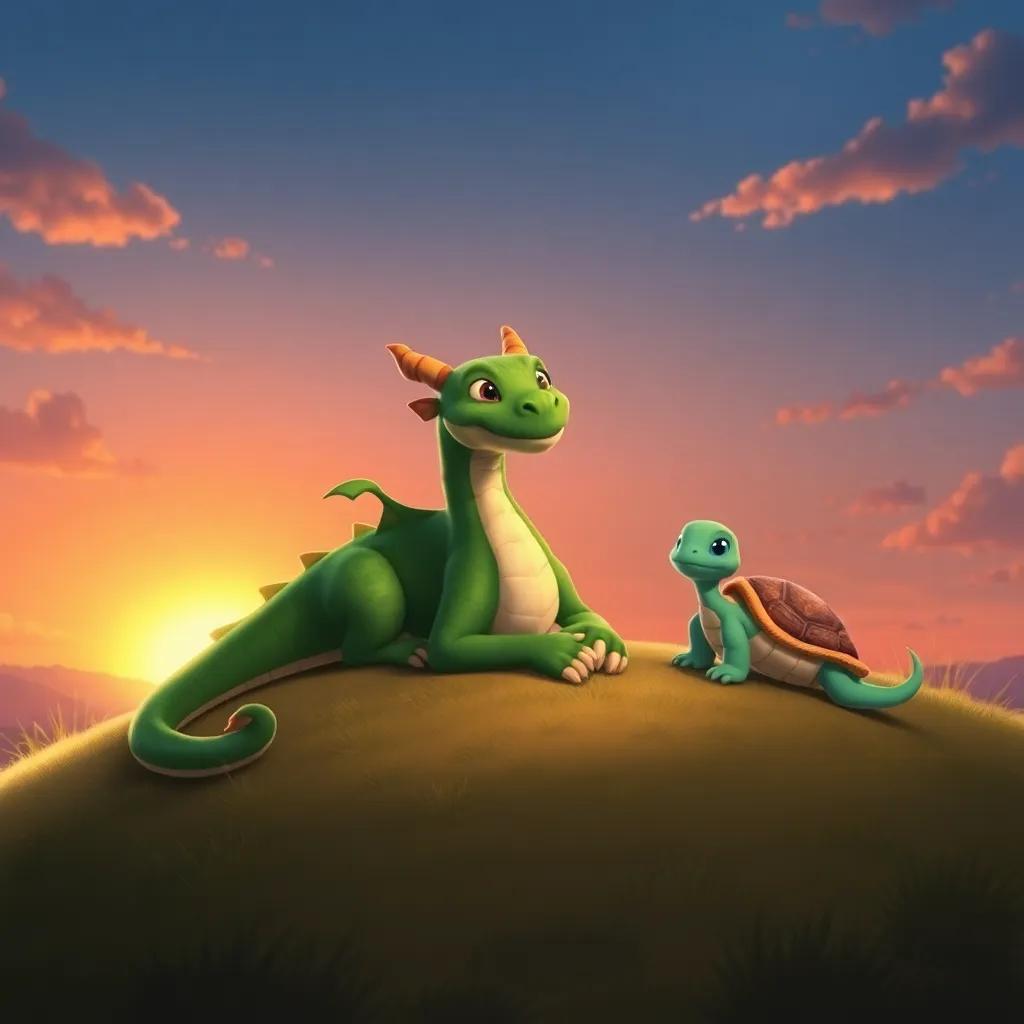 Drago, the green dragon, resting happily with Tula the turtle on a sunny hill after their adventures, looking content with their friendship, beautiful sunset in the background, digital art, warm colors, peaceful moment, high quality