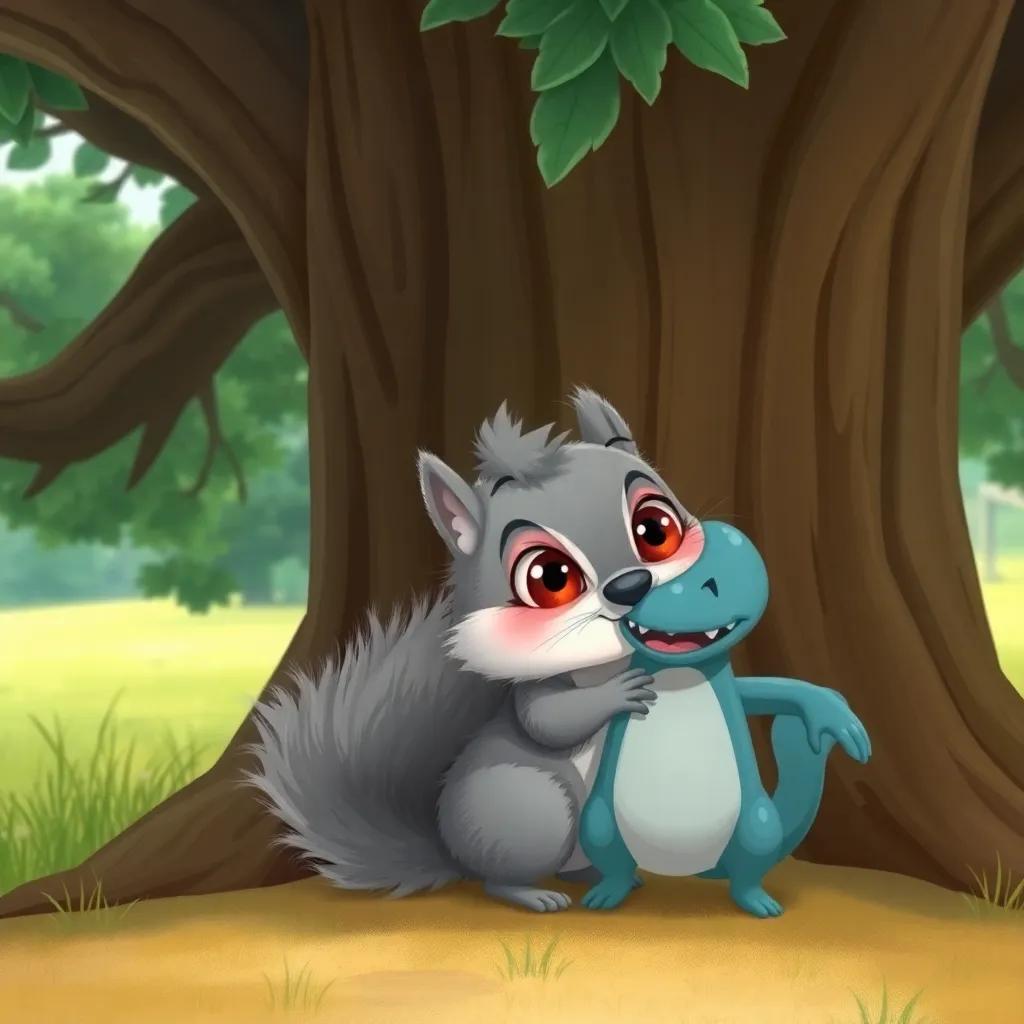 A small brave squirrel named Sara, with fluffy gray fur and bright eyes, playing hide and seek with Draculito behind a massive oak tree, adorable illustration, whimsical style, soft colors, happy mood