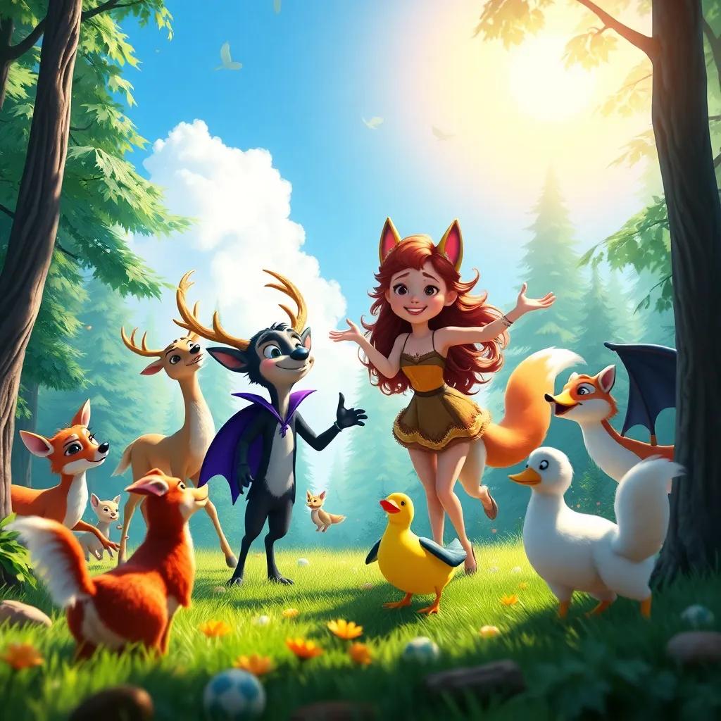 All the animals in the forest, including deer, foxes, and a duck, joyfully joining Draculito and Sara in their games under the bright blue sky, colorful digital painting, lively and energetic, engaging perspective