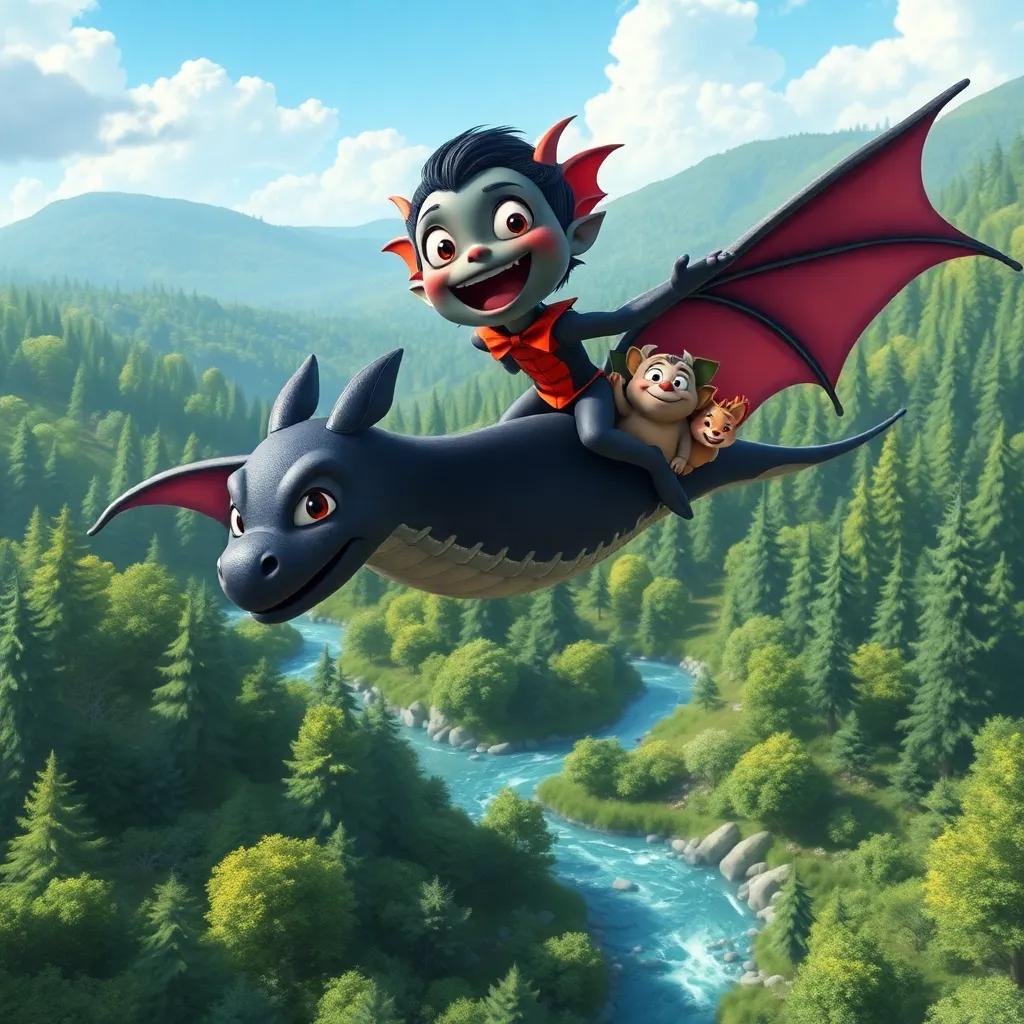 Draculito happily flying with his animal friends on his back, soaring above a beautiful forest landscape filled with green trees and sparkling rivers, heartwarming scene, bright colors, uplifting atmosphere, high quality