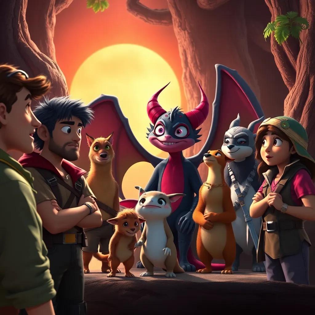 A group of adventurers looking surprised and amazed at Draculito, who is surrounded by his animal friends standing together protectively, engaging scene, vivid details, emotional impact, fantasy style