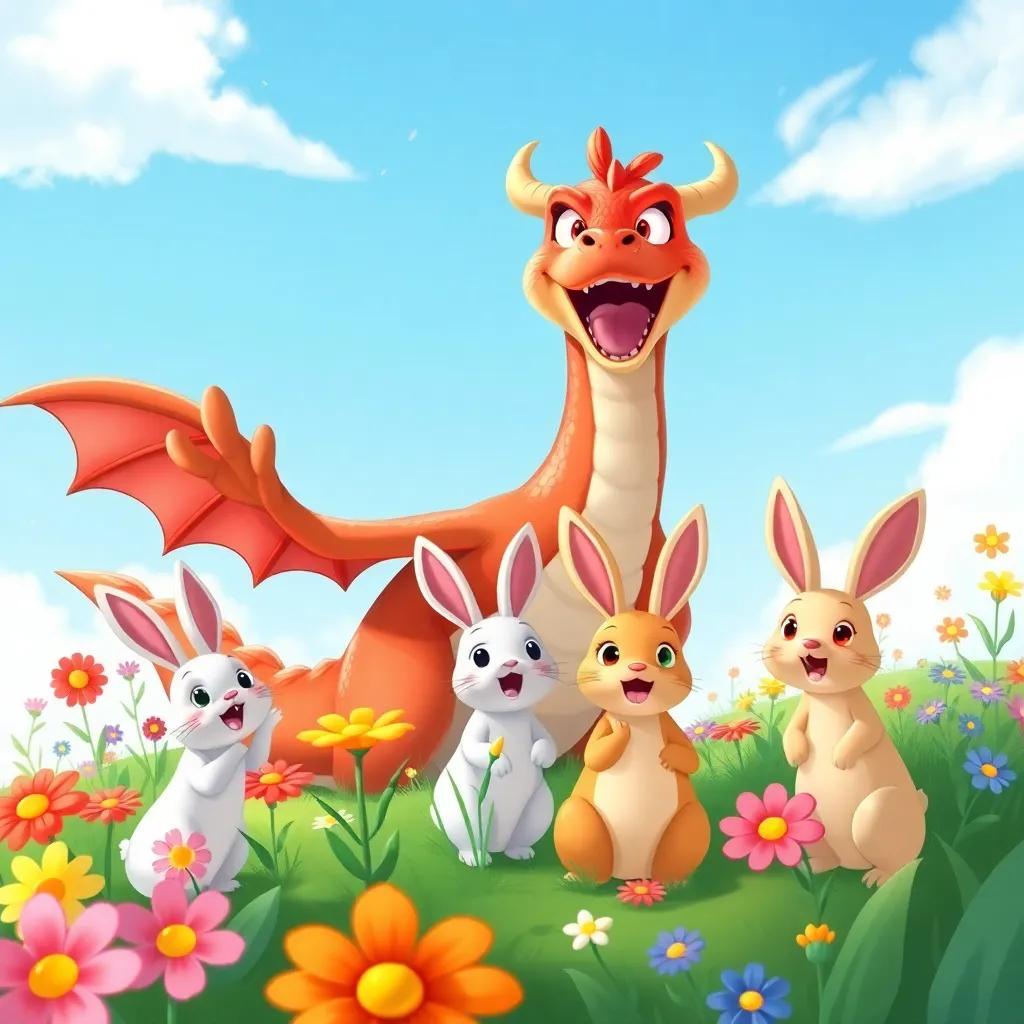 Draco the dragon, excited and waving at a group of startled rabbits, colorful flowers around, with a bright blue sky overhead, lighthearted, cute illustration
