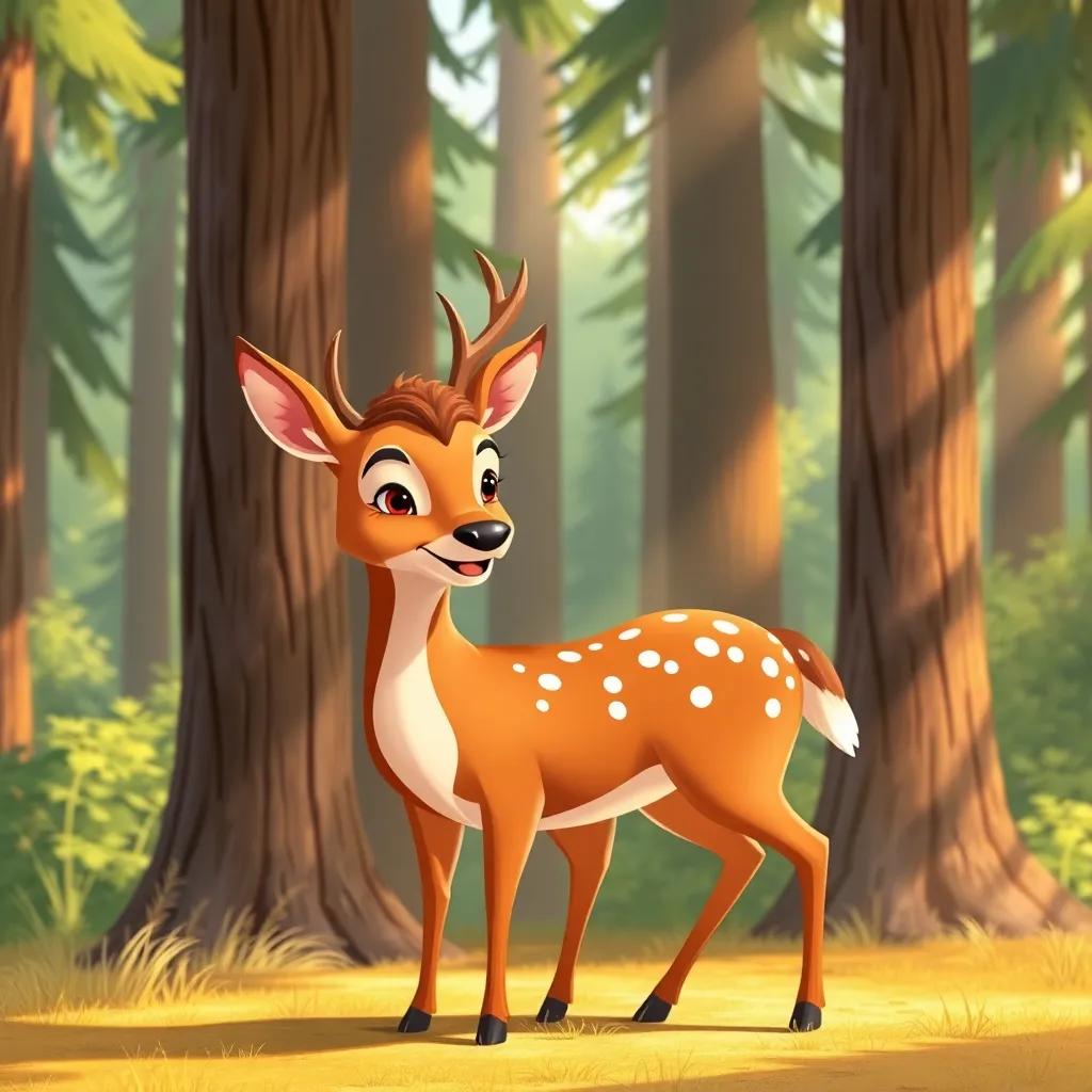 Tomás, a gentle deer, with soft fur, standing close to Draco and smiling, surrounded by tall trees and sunlit spots, warm colors, friendly atmosphere, artful illustration
