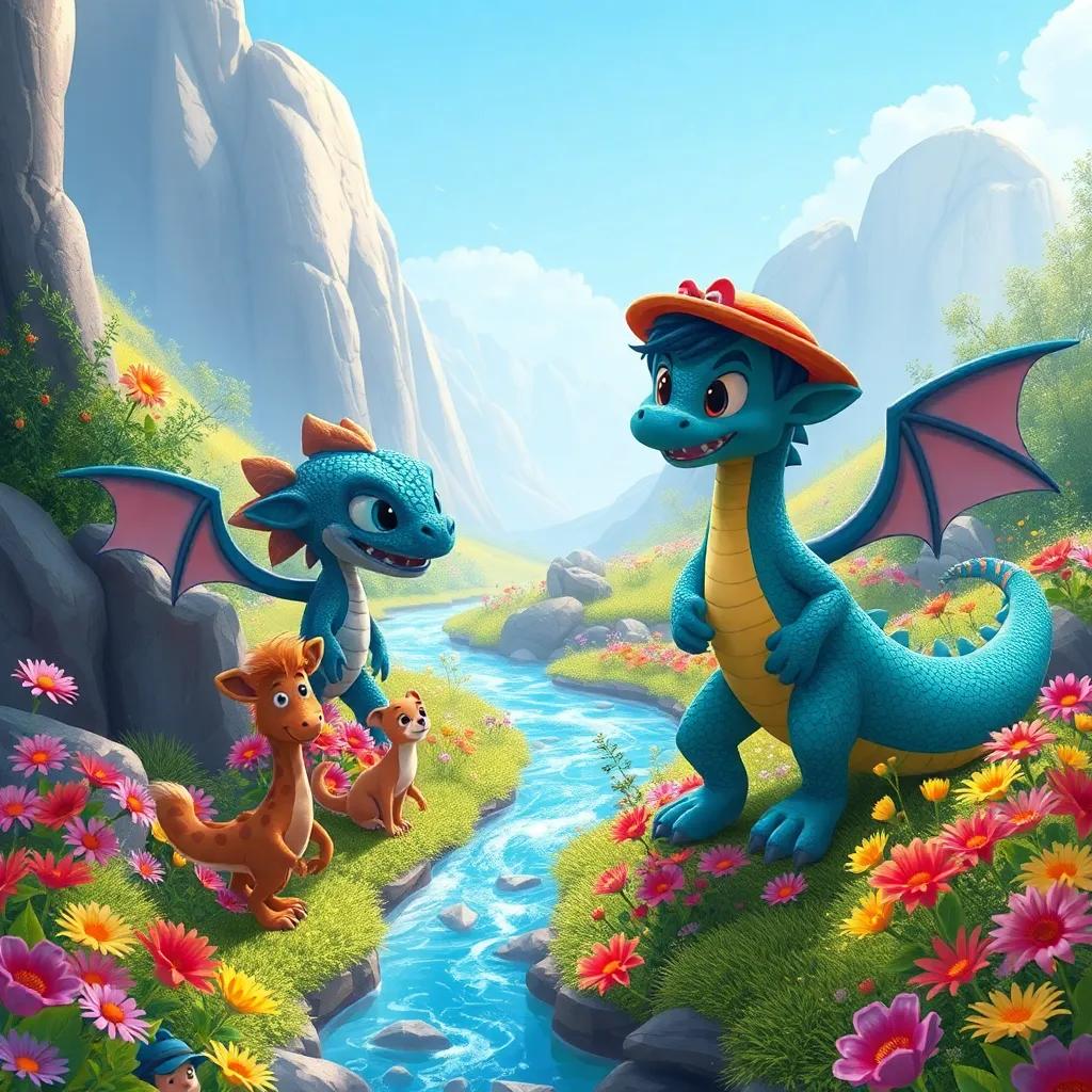 Draco and Tomás exploring together, discovering a sparkling river and colorful flower patches, with various animals joining the fun, joyful and lively scene, colorful, engaging art