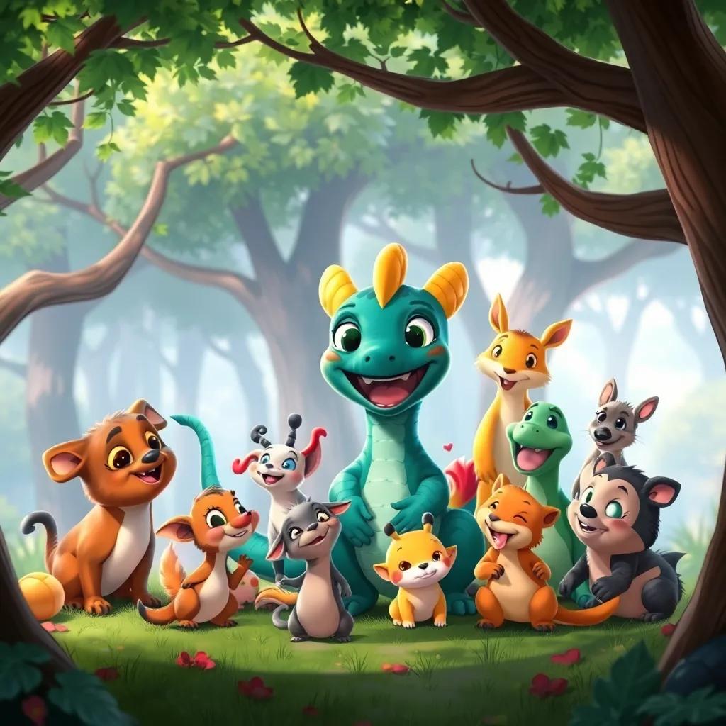 A happy Draco surrounded by various forest animals, all playing together under the trees, joyful expressions showing friendship, bright colors, heartwarming, captivating scene
