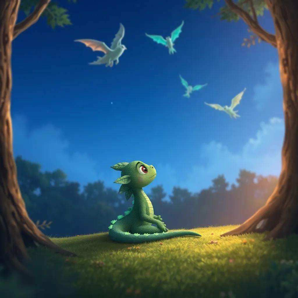 Un pequeño dragón triste, Draki, con escamas verdes brillantes, sentado en el suelo del bosque, mirando a otros dragones volar en el cielo azul, ilustración colorida, atmósfera melancólica, enfoque suave, calidad alta
