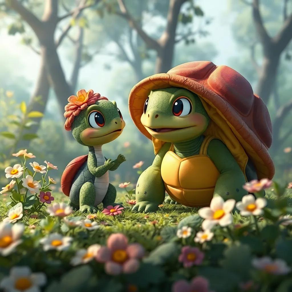 Draki y Tora, una tortuga sabia, con un caparazón colorido, en un claro del bosque, hablando con alegría, rodeados de flores y árboles, digital art, cálida y amigable, perspectiva cercana, calidad superior