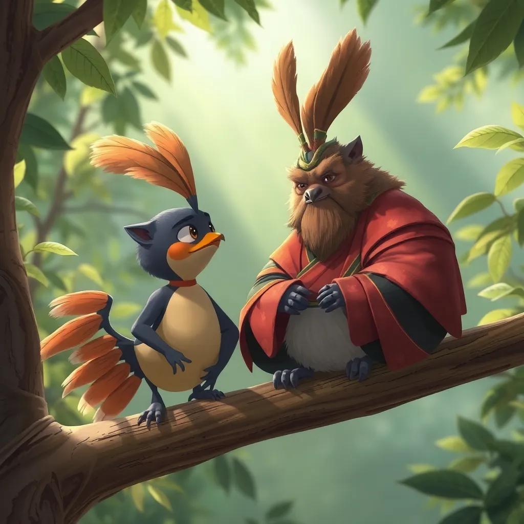 Draki y Tora con Don Buho, un búho anciano con plumaje marrón, posado en una rama, enseñando a Draki a ser valiente, con luz suave que filtra entre las hojas, ilustración encantadora, ambiente de aprendizaje, alta definición