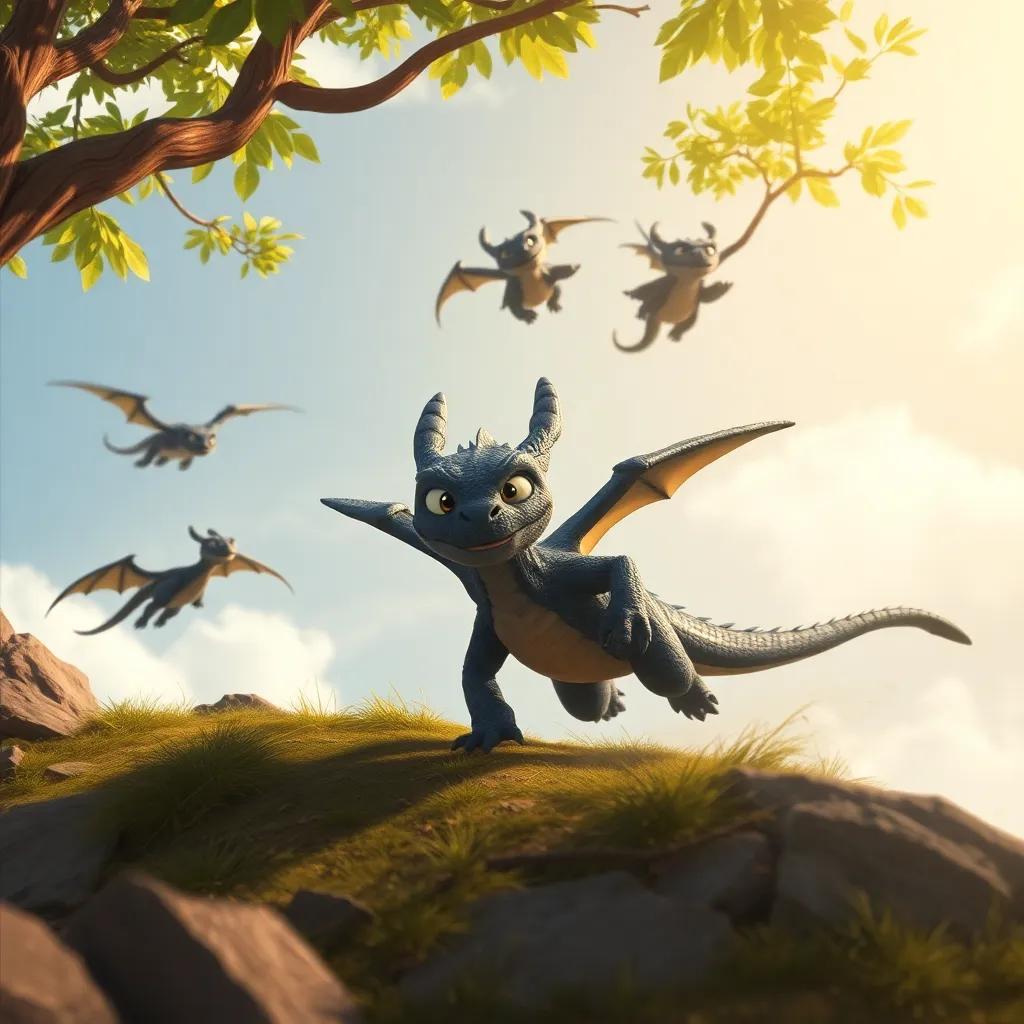 Draki corriendo hacia un árbol alto, donde sus amigos dragones están atrapados, con expresión determinada, bajo el viento que agita las hojas, ilustración dramática, sentimiento de urgencia, calidad espectacular