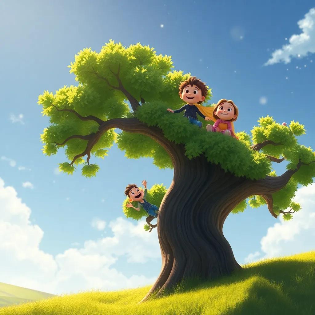 Los amigos de Draki felices, bajando del árbol por un camino de ramas que él hizo, mostrando gratitud, bajo un cielo brillante, ilustración alegre, ambiente de celebración, alta calidad