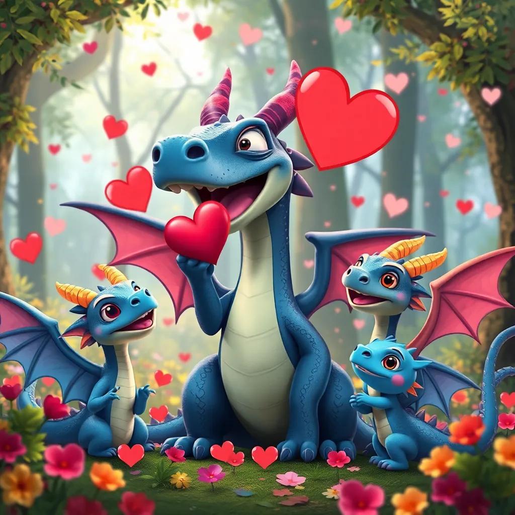 Draki sonriendo con orgullo, rodeado de dragones y otros amigos, en el bosque lleno de colores vivos, todos celebrando su valentía, arte digital amigable, atmósfera festiva, calidad alta