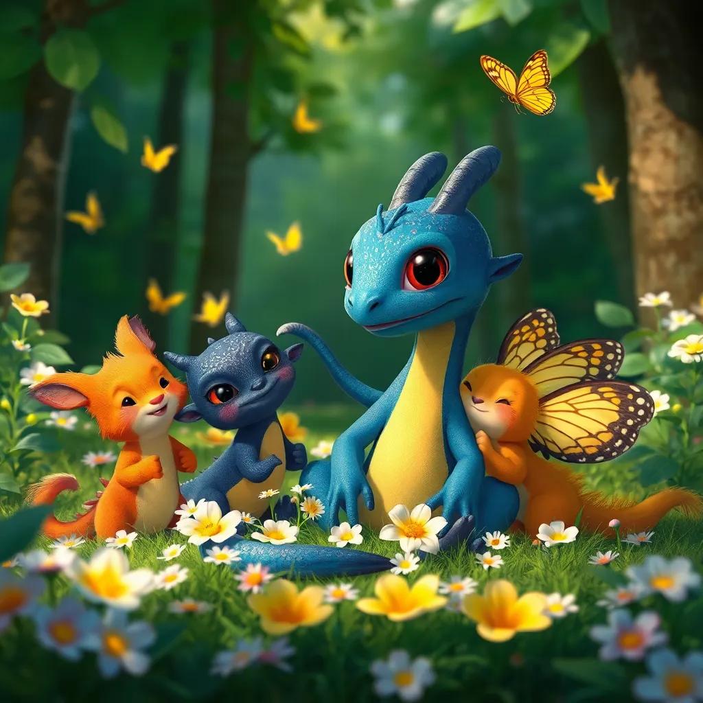 Una imagen de Draki, el pequeño dragón, rodeado de sus amigos, disfrutando en el bosque con flores y mariposas, simbolizando la amistad, ilustración cálida, sentido de comunidad, calidad sobresaliente