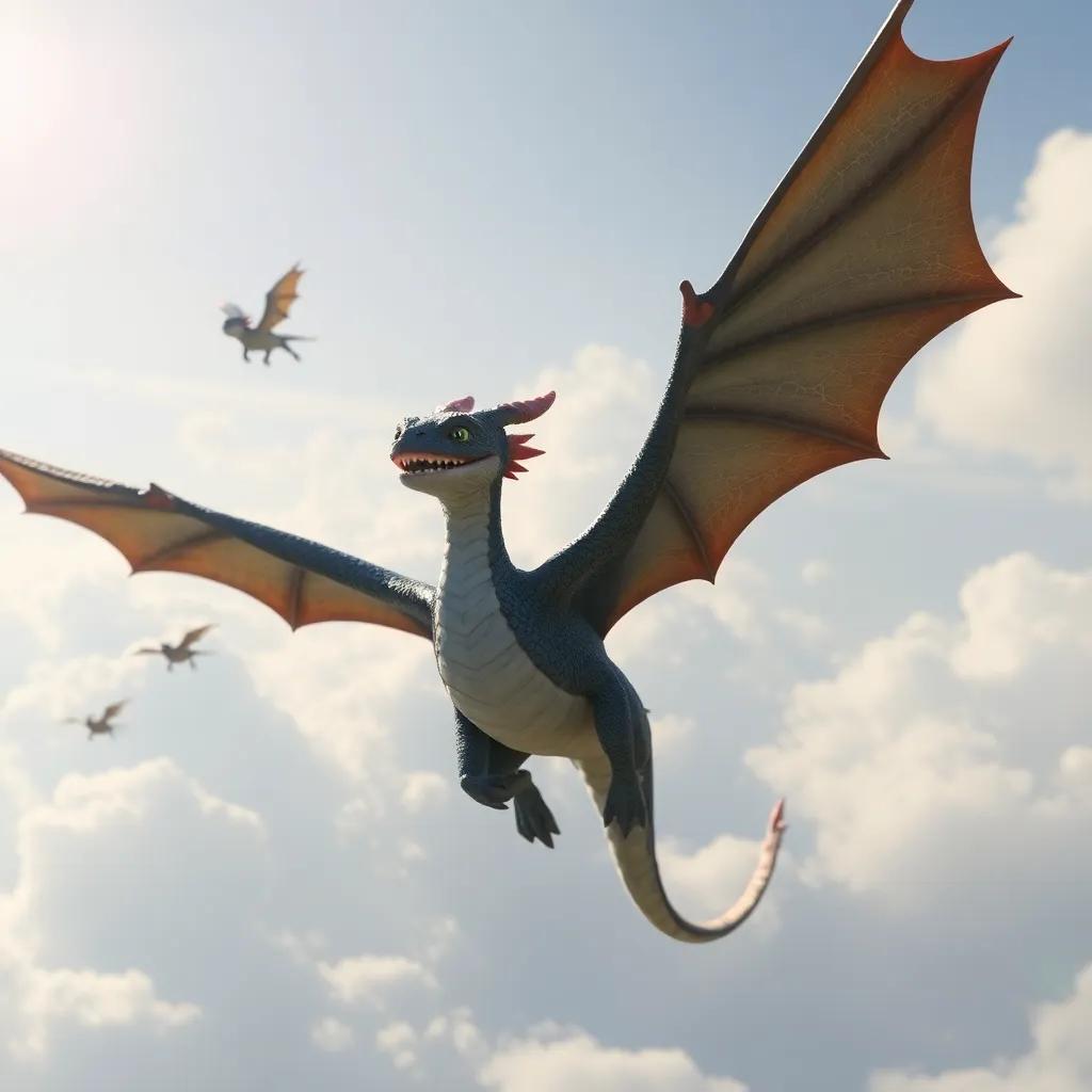 Draki volando con otros dragones, supérrimo aunque no volador, mostrando alegría y unión en el cielo despejado, arte digital inspirador, sensación de libertad, calidad impresionante