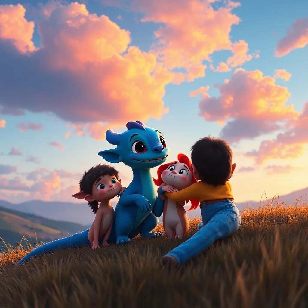 Draki y sus amigos juntos en una colina al atardecer, con un cielo lleno de colores y nubes suaves, representando amor y amistad, ilustración mágica, cálida y suave, calidad magnífica
