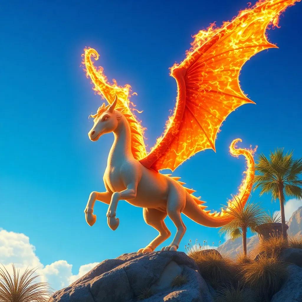 Un reino soleado con palmeras y un dragón de fuego enorme y brillante, escamas de llamas, volando en un cielo azul, arte digital, colores radiantes, atmósfera mágica, enfoque alto