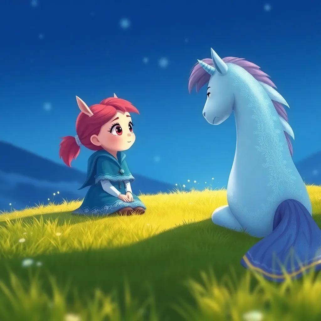 Una niña de un reino helado, con piel clara y cabello rubio, con un abrigo azul, sentada en un campo, mirando al dragón con curiosidad y asombro, ilustración, ambiente tranquilo, inocente y amigable