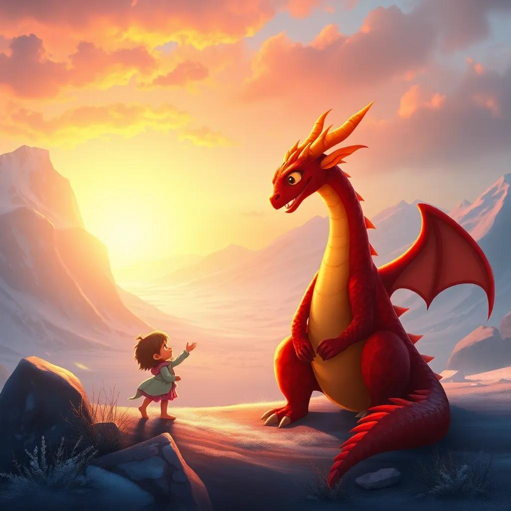 El dragón de fuego hablando con la niña, fondo de un paisaje helado, el contraste de fuego y hielo, digital painting, ilustración amigable, colores vibrantes y fríos, vista emocional