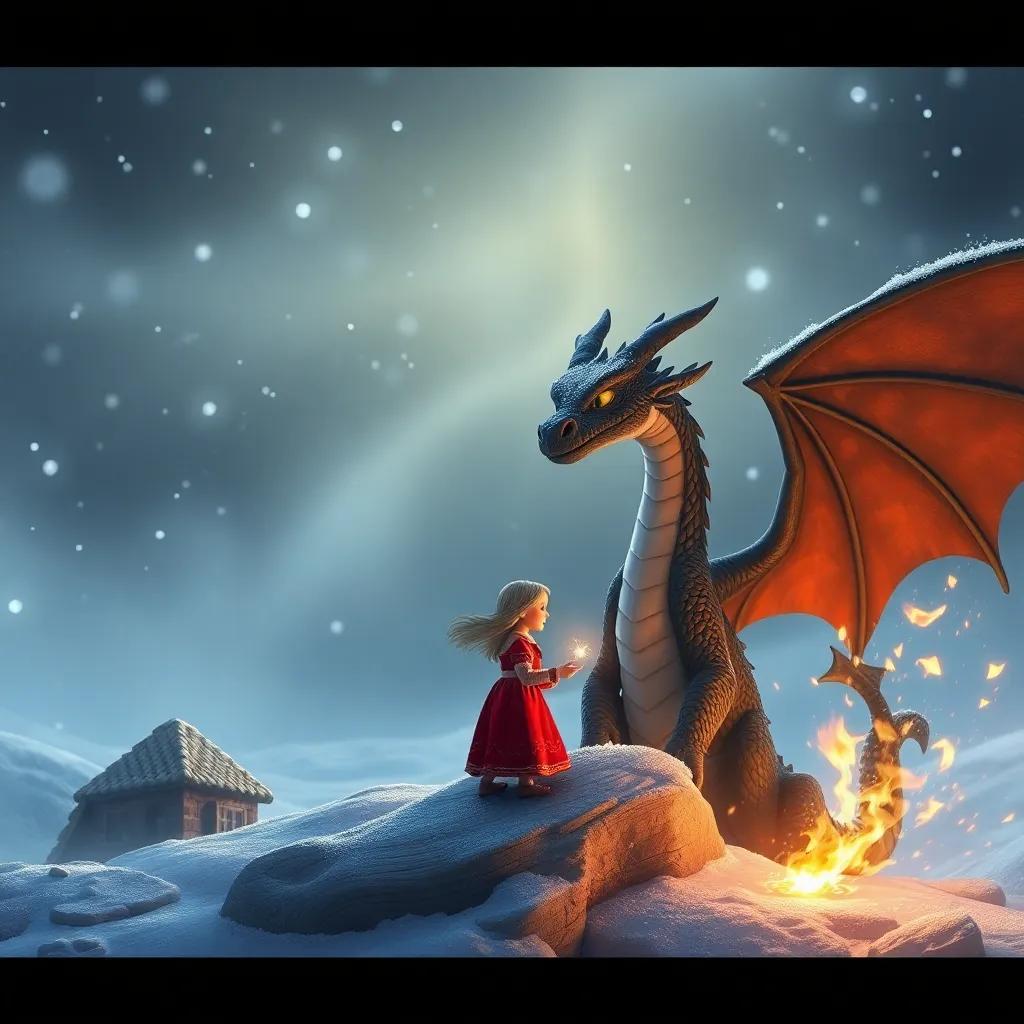 Una escena de la niña y el dragón creando un equilibrio entre el fuego y el hielo, llamas brillantes y copos de nieve nuevos, en aires mágicos, arte digital, temática armoniosa, rico en detalle