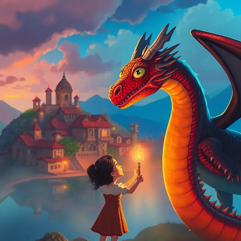 Un pueblo asustado mirando al dragón desde lejos, la niña defendiendo al dragón con valentía, expresiones de sorpresa, y miedo, arte colorido, fantástico y animado, reflexión emocional