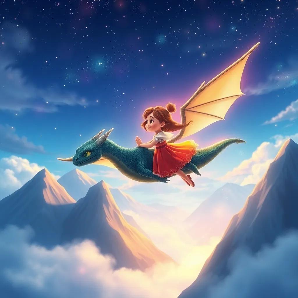 La niña y el dragón volando juntos sobre montañas, creando un espectáculo de luz y frío, colores brillantes en el cielo, mostrando su amistad, ilustración mágica, vibrantes y llena de vida