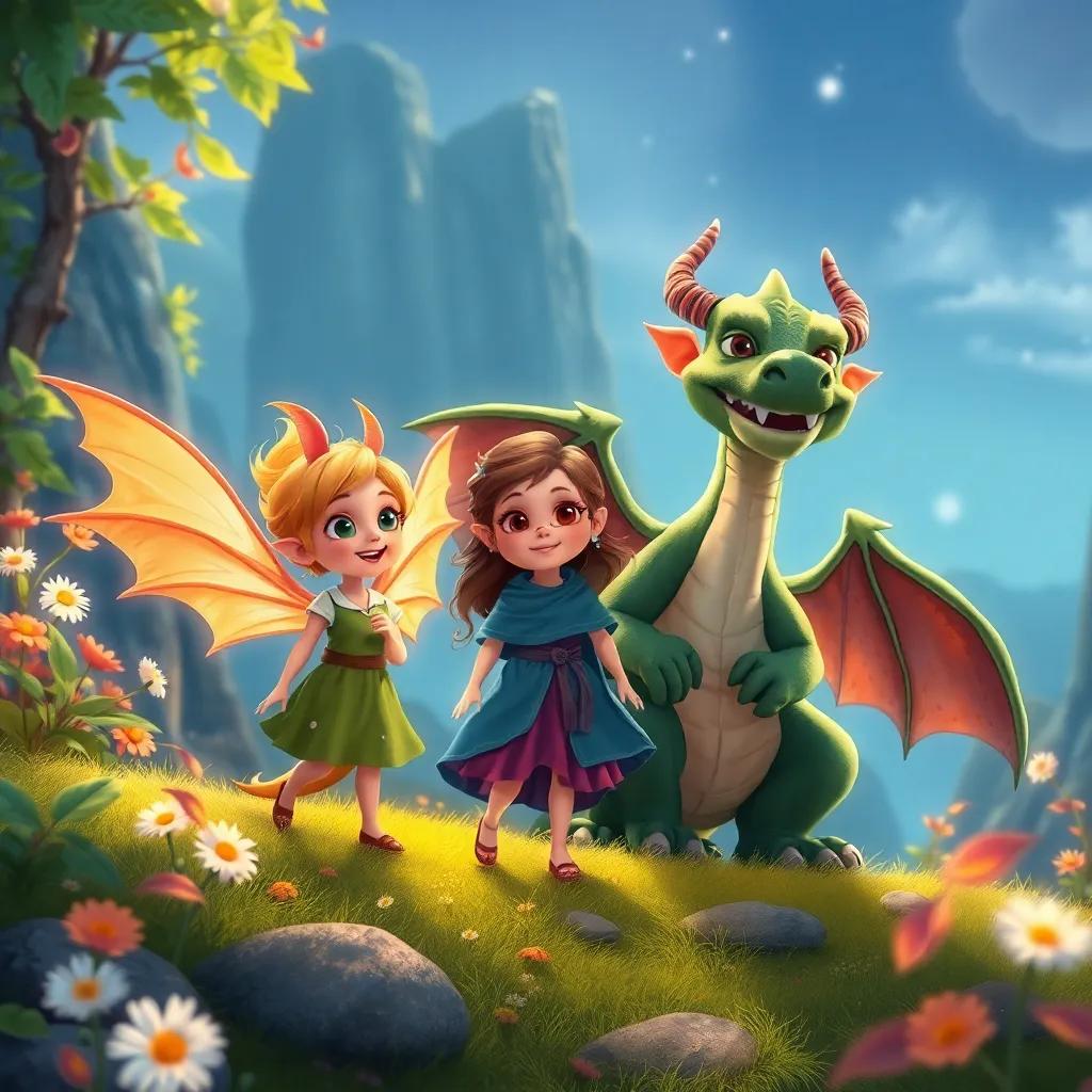 Criaturas mágicas como hadas y duendes acompañando a la niña y al dragón en su aventura, coloridas y alegres, en un paisaje encantado, arte ilustrativo, vibrante y alegre, lleno de emoción