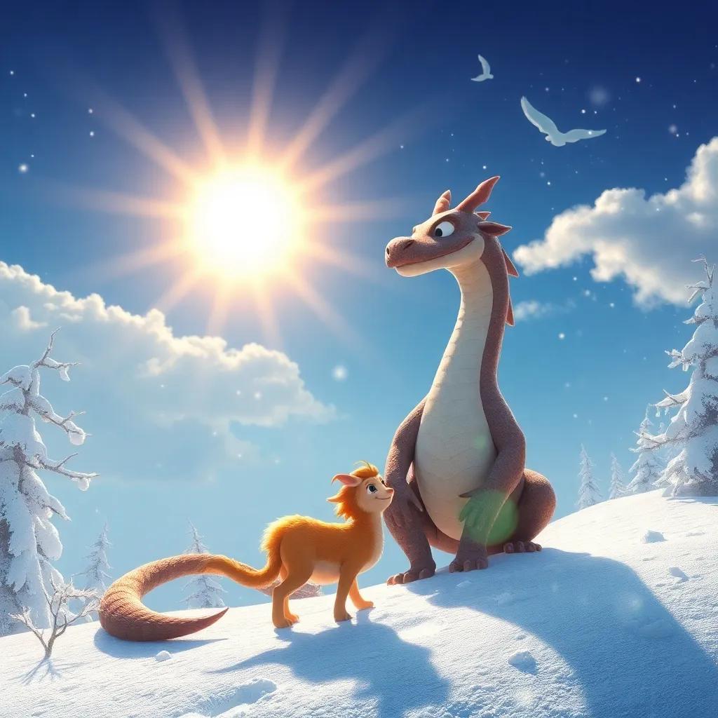 El reino transformándose con clima equilibrado, el dragón y la niña en el centro, el sol brillando y la nieve cayendo, arte digital, alegre y mágico, lleno de vida
