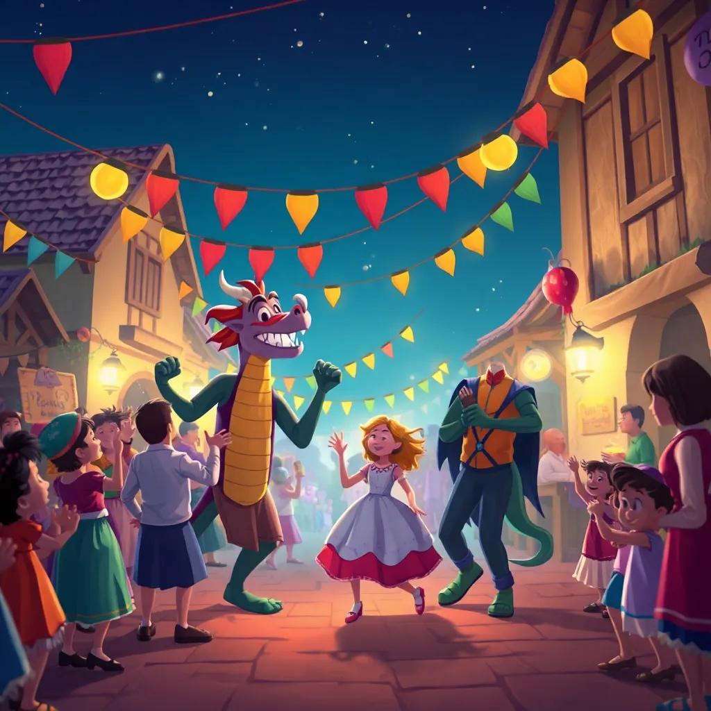 La celebración en el pueblo, todos felices y bailando, el dragón y la niña juntos, con banderas y luces, en un ambiente festivo, arte digital, colorido y alegre