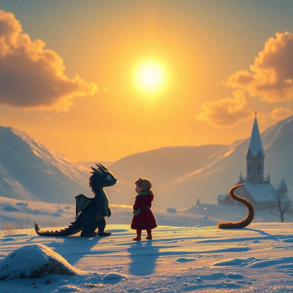 Una escena final con el dragón y la niña mirando el nuevo reino, con un sol brillante y copos de nieve, juntos en amistad, arte digital, rich colors, high detail