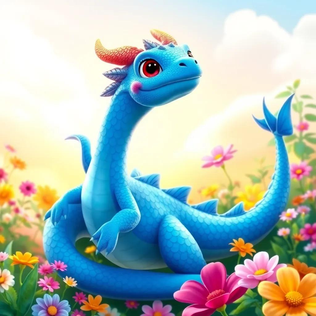 A bright blue dragon named Dragónazul, with shimmering scales, hovering over a beautiful garden filled with colorful flowers, sunny day, cheerful vibe, child-friendly illustration